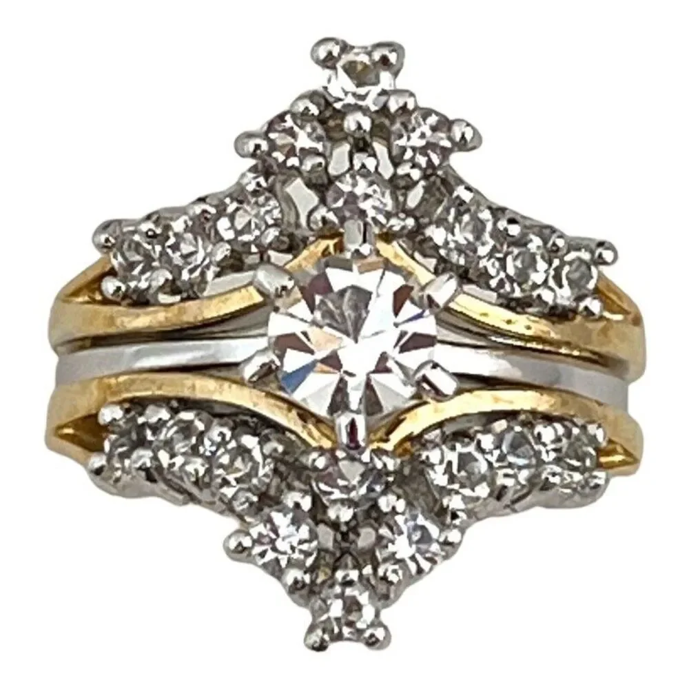Vintage 1970s Wedding Ring Set Size 7 CZ Bridal Cluster Gold Plated Band - 14R